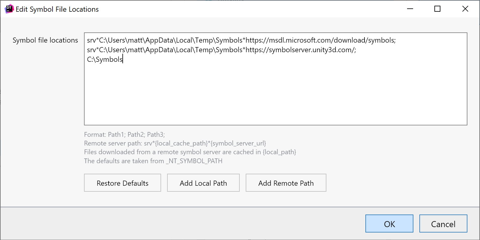 Symbol file location options dialog