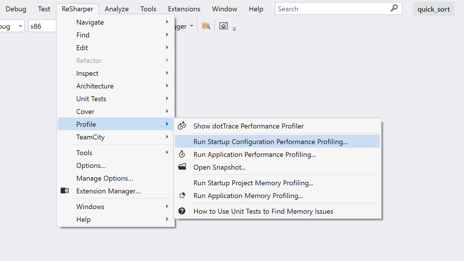 The ReSharper Profile menu allows running the start configuration with dotTrace profiling