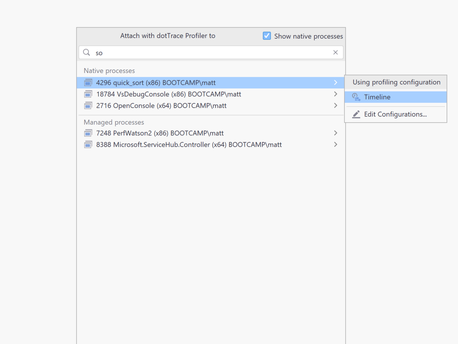 Rider showing native processes in the profile running processes list