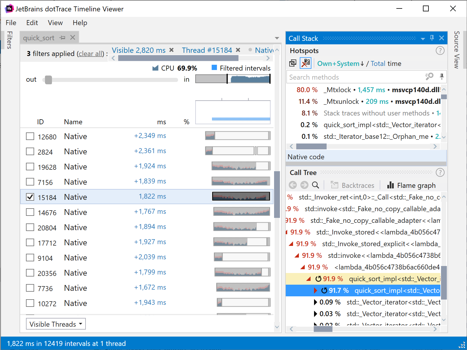 Timeline viewer showing results of native profile