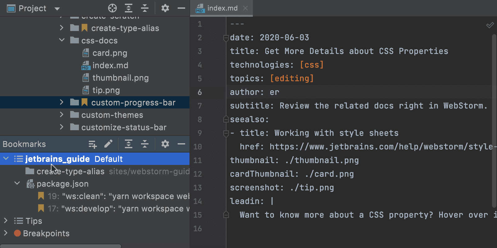 Bookmarks-Toolfenster in WebStorm