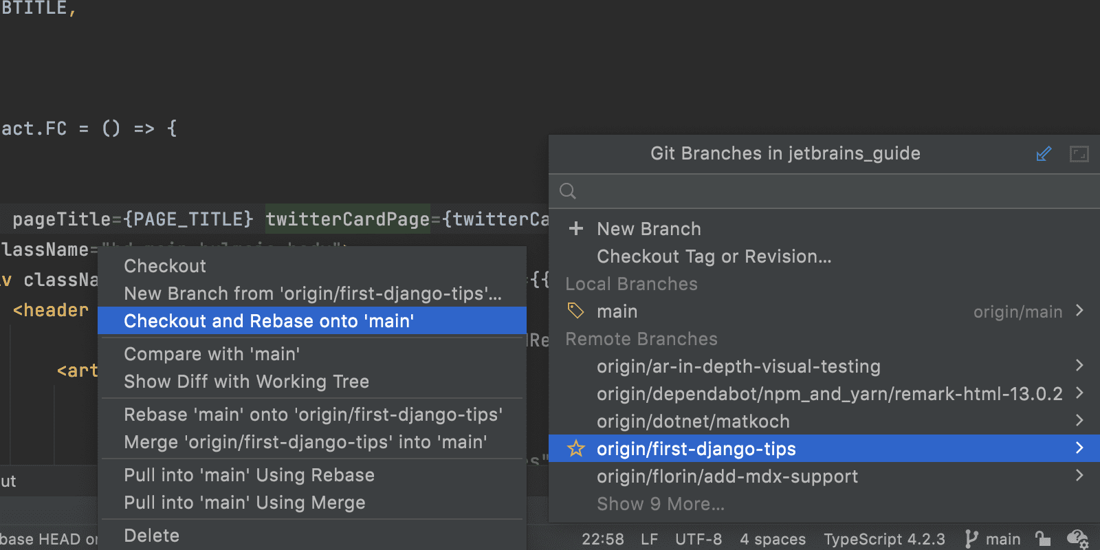 Checkout and Rebase onto Current für Remote-Branches in WebStorm