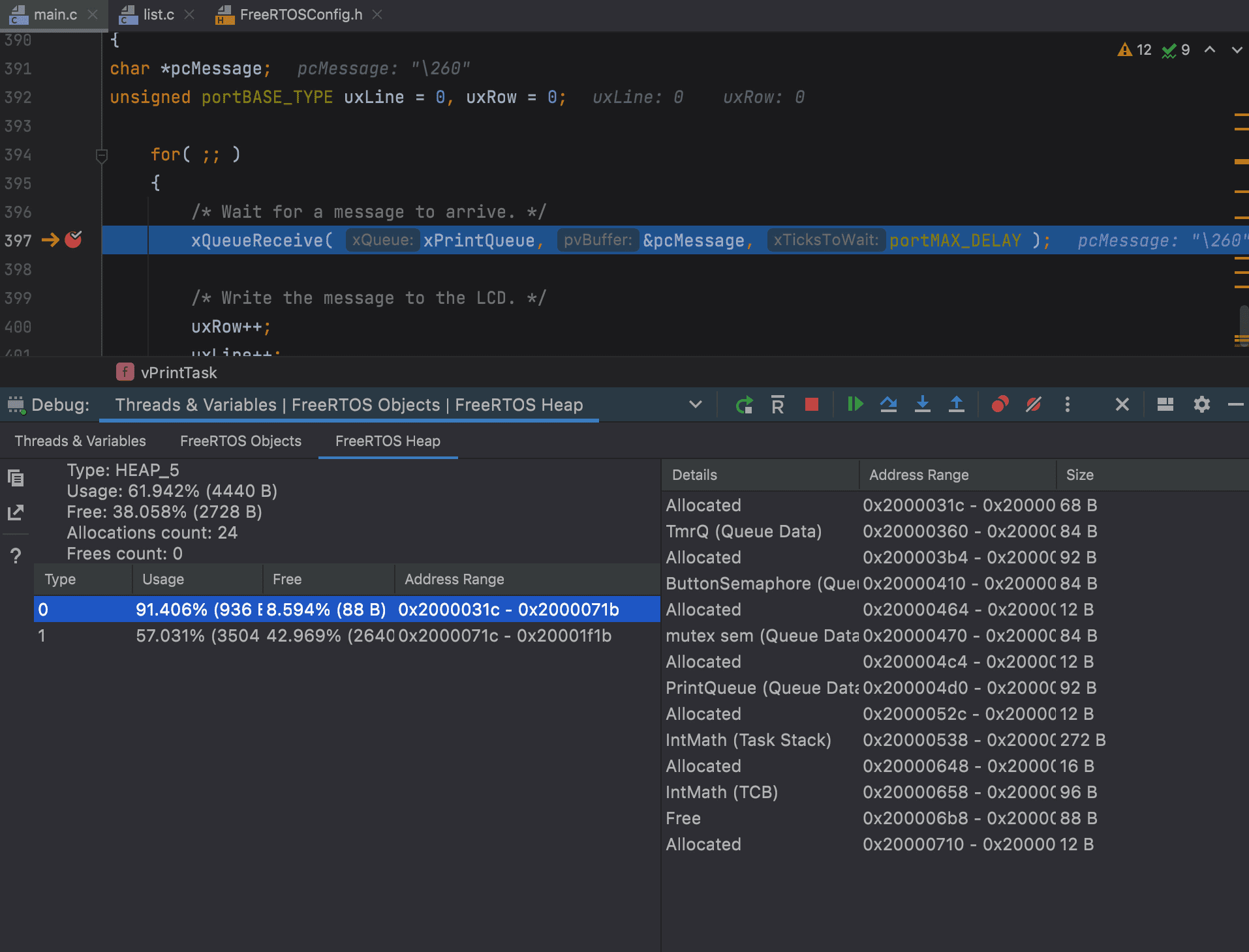 FreeRTOS views in debugger