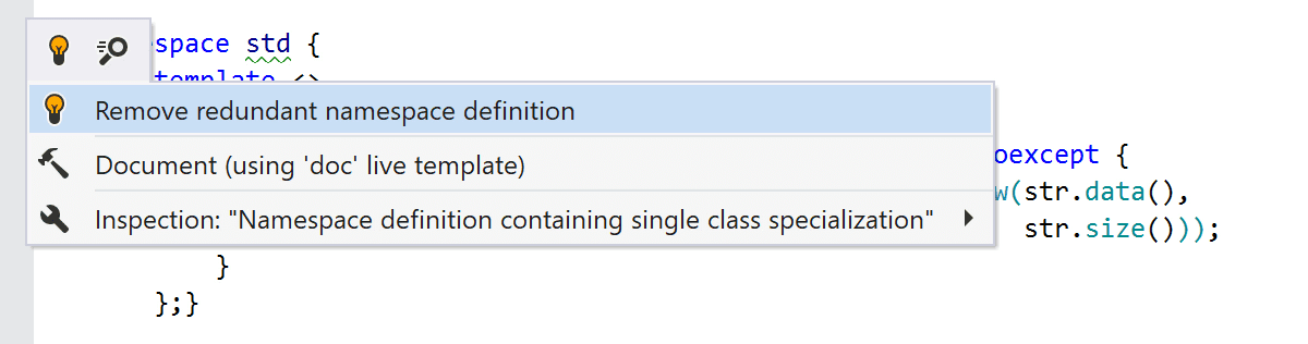 Namespace definition containing single class specialization