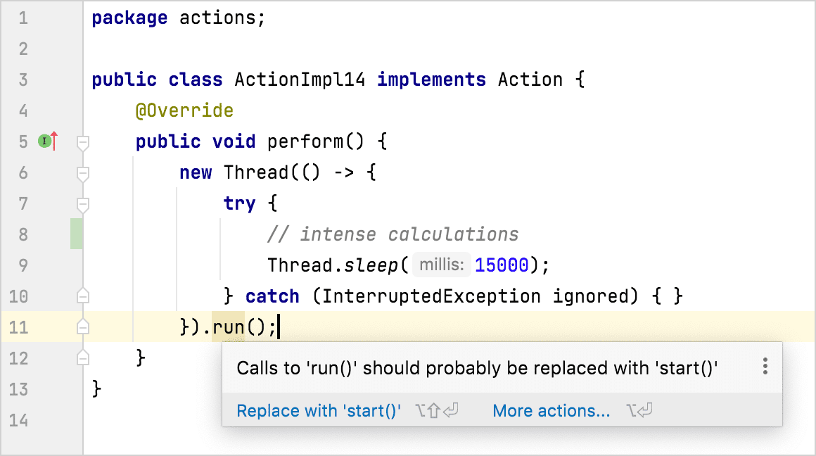 An inspection warns about suspicious call to Thread.run()