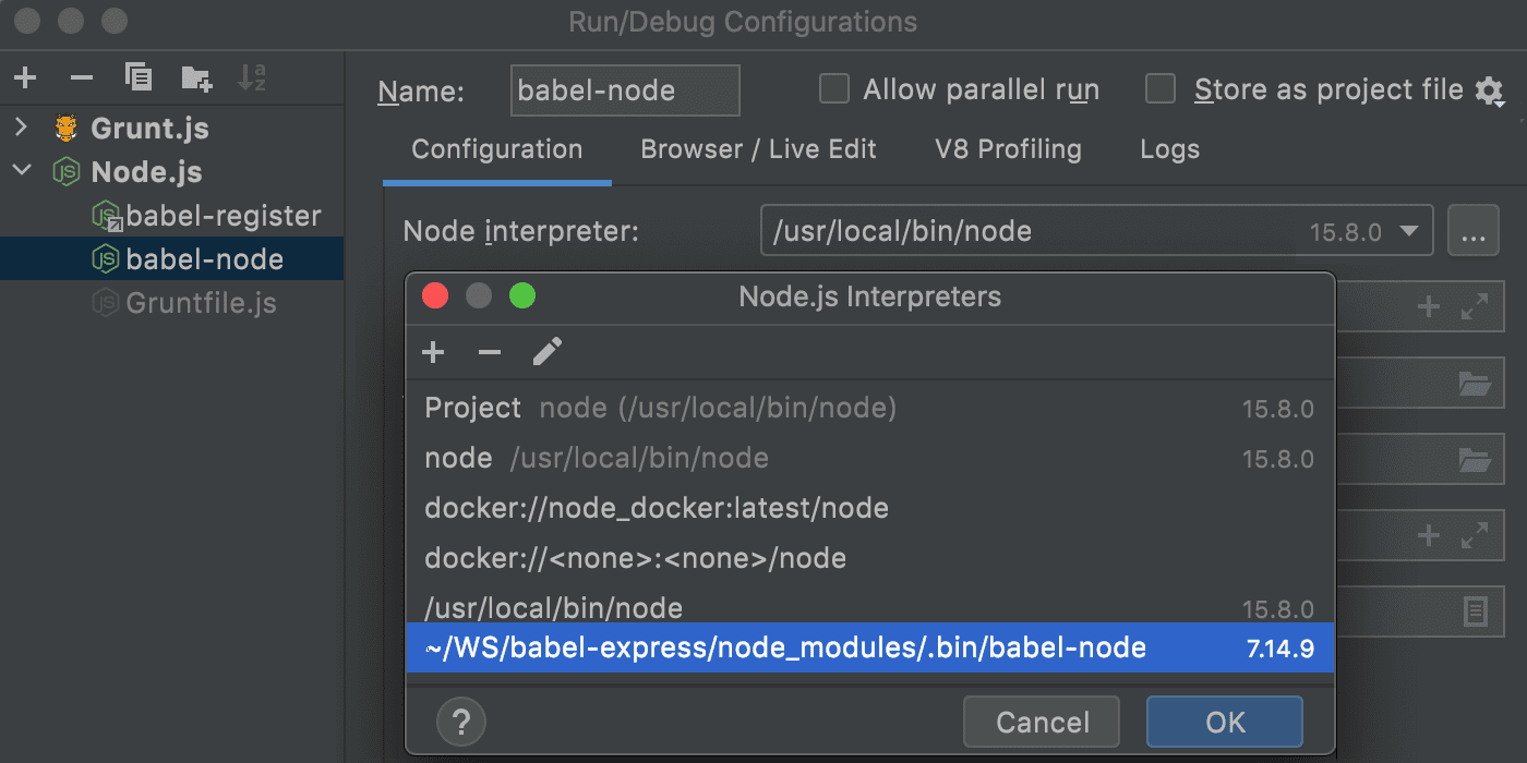 Node.js run/debug configuration with Babel.