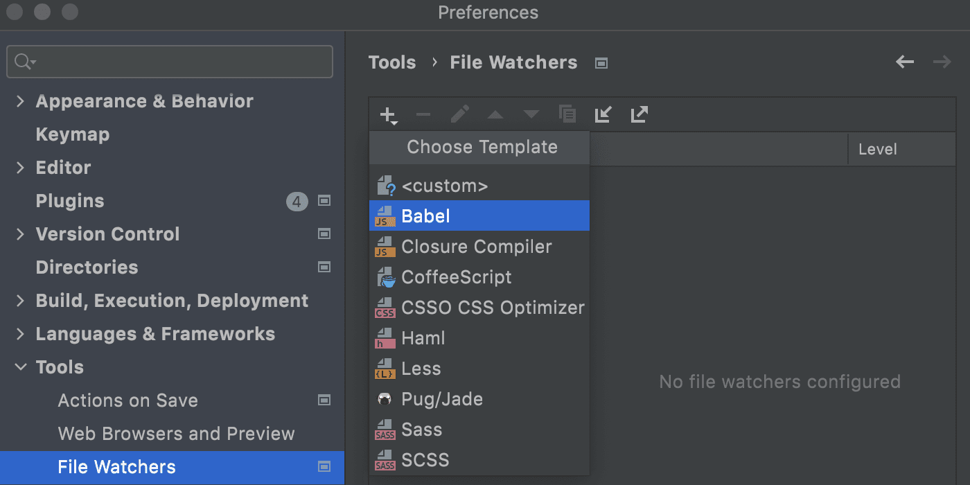 Create a Babel file watcher: select Babel template.