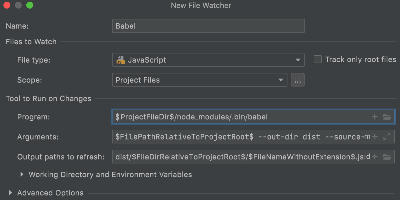 Create Babel wale Watcher: default settings.