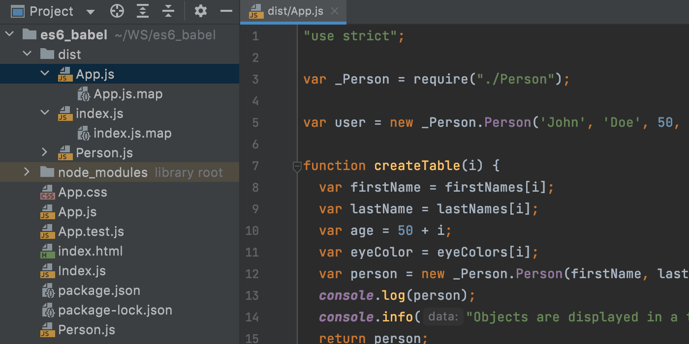 Dist folder with compiled ES5 files and source maps.