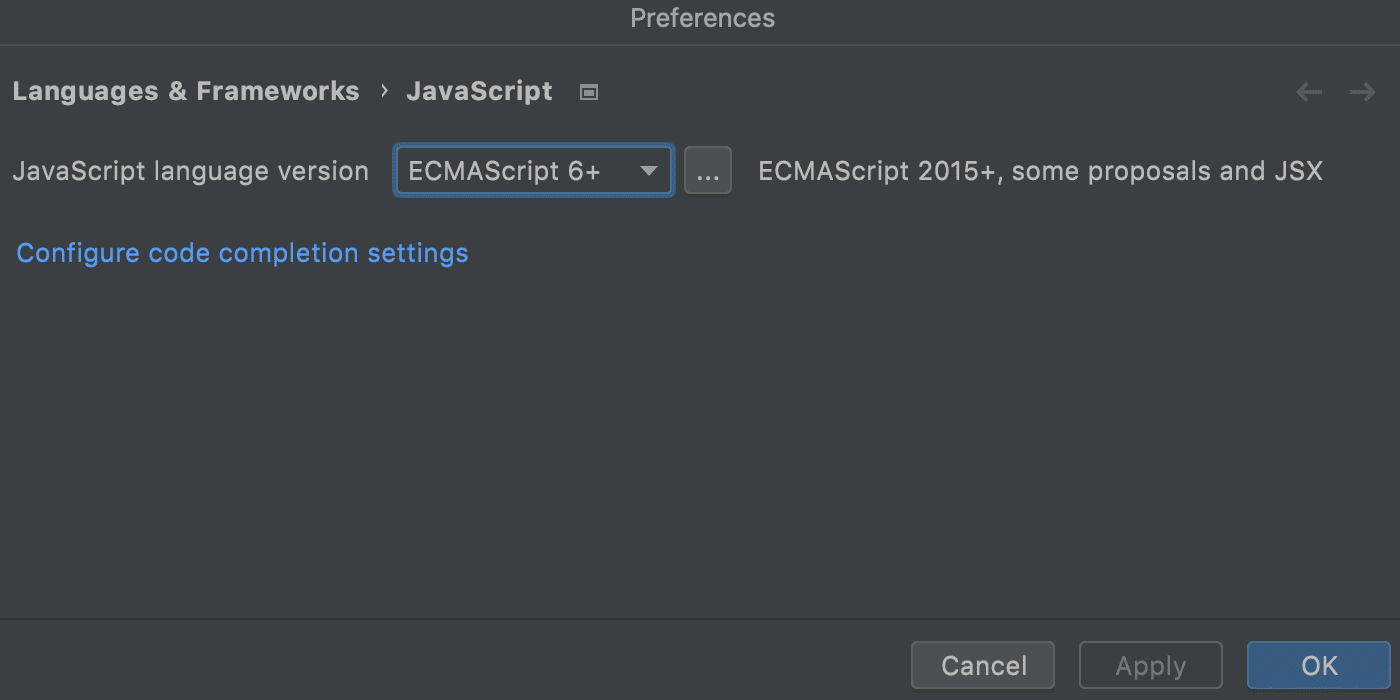 Select JavaScript language version ES6+.