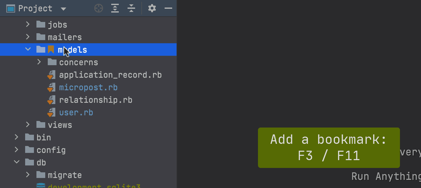 RubyMine: add a bookmark