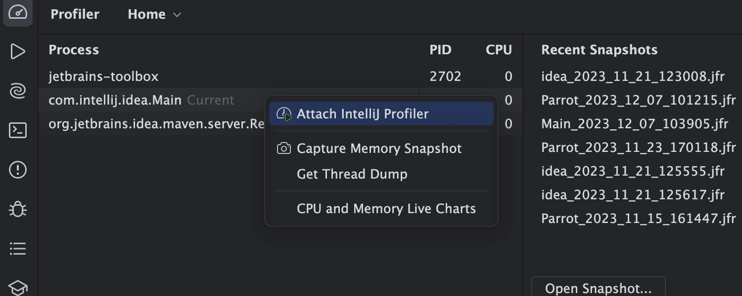 Attach IntelliJ Profiler Profiler tool window