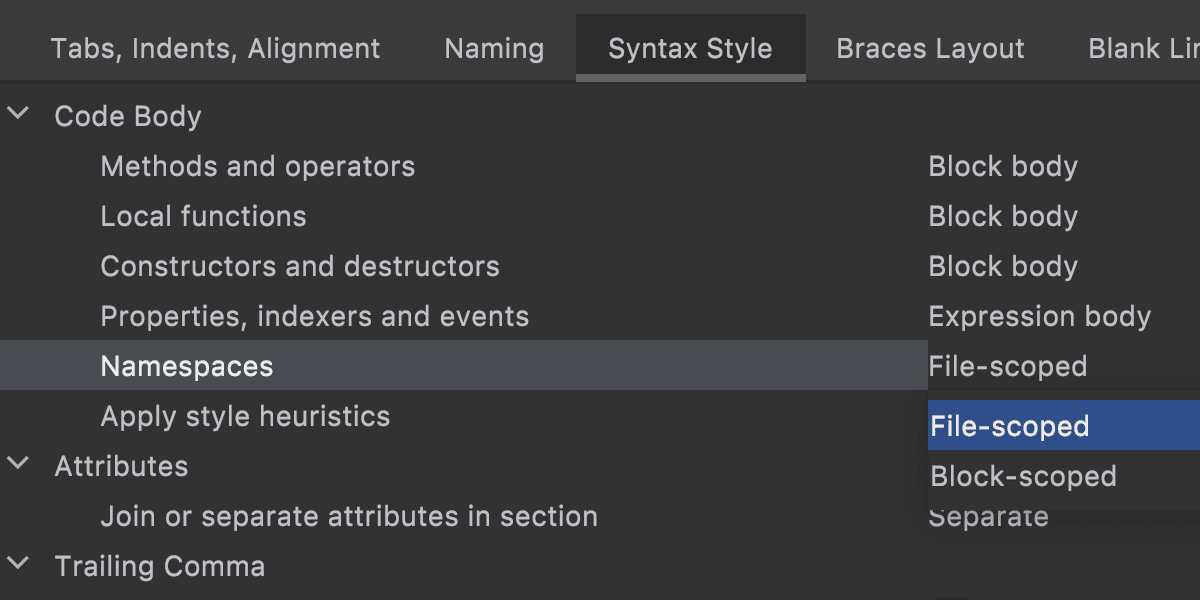 Change Syntax Style for Namespaces