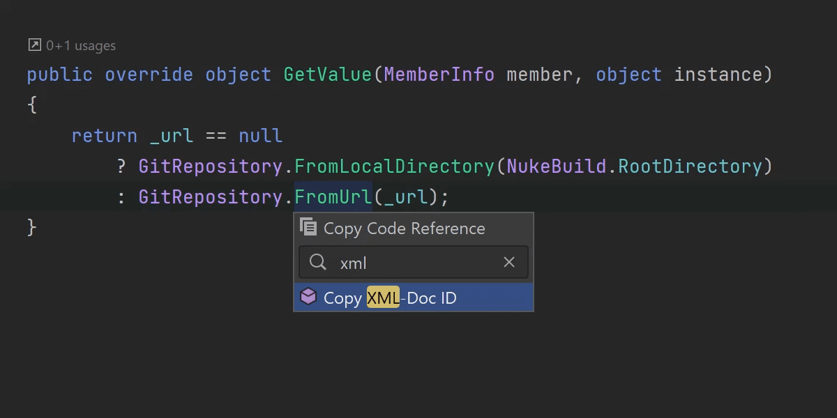 Filtering in Copy Code Reference
