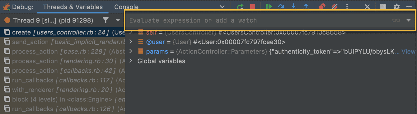 RubyMine debugger: evaluate expression