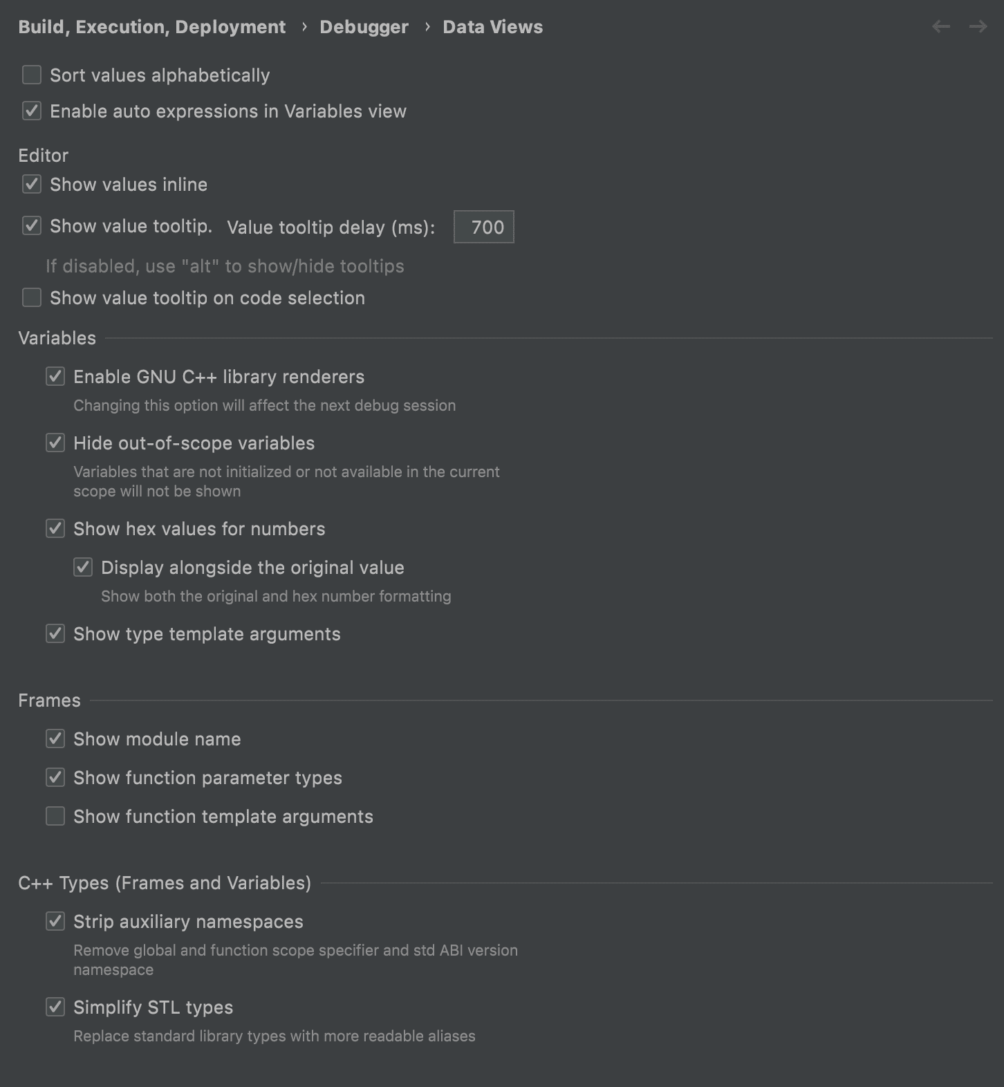 Debugger view settings