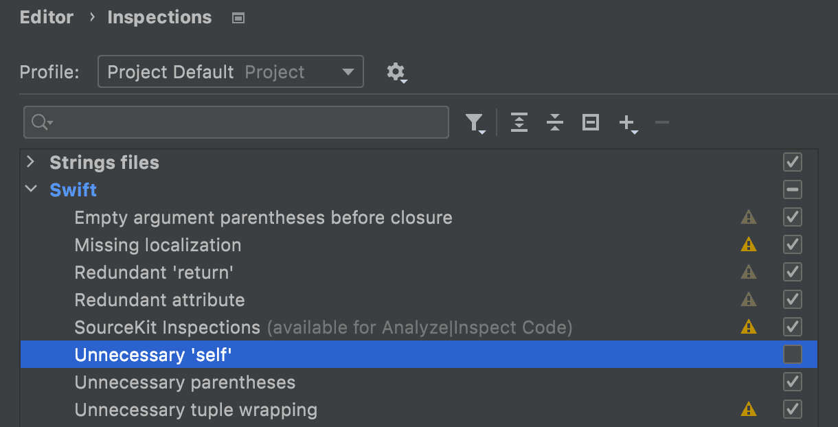Disable inspections in Preferences