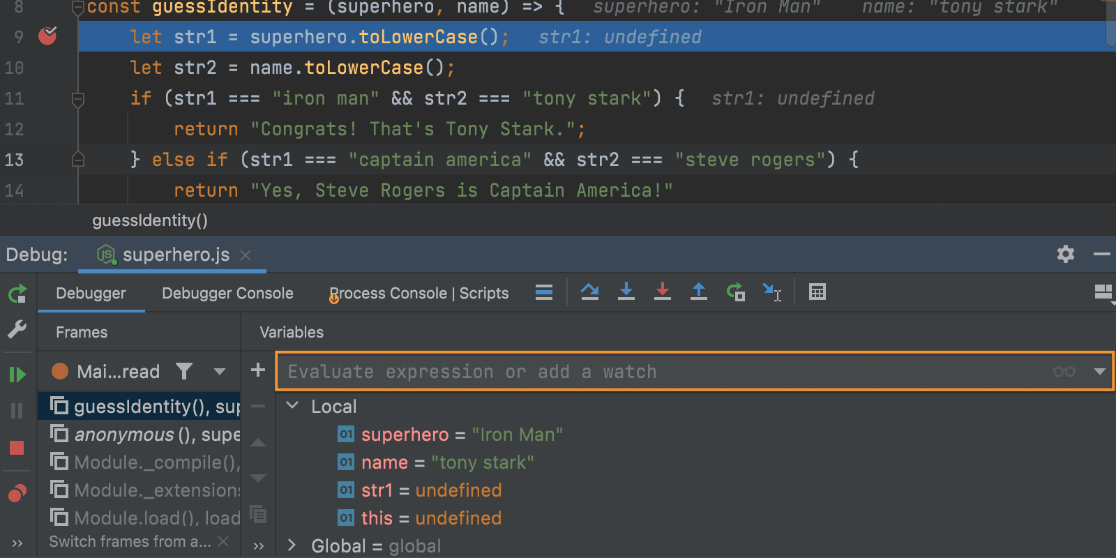 Auswertung von Ausdrücken in WebStorm 2021.3