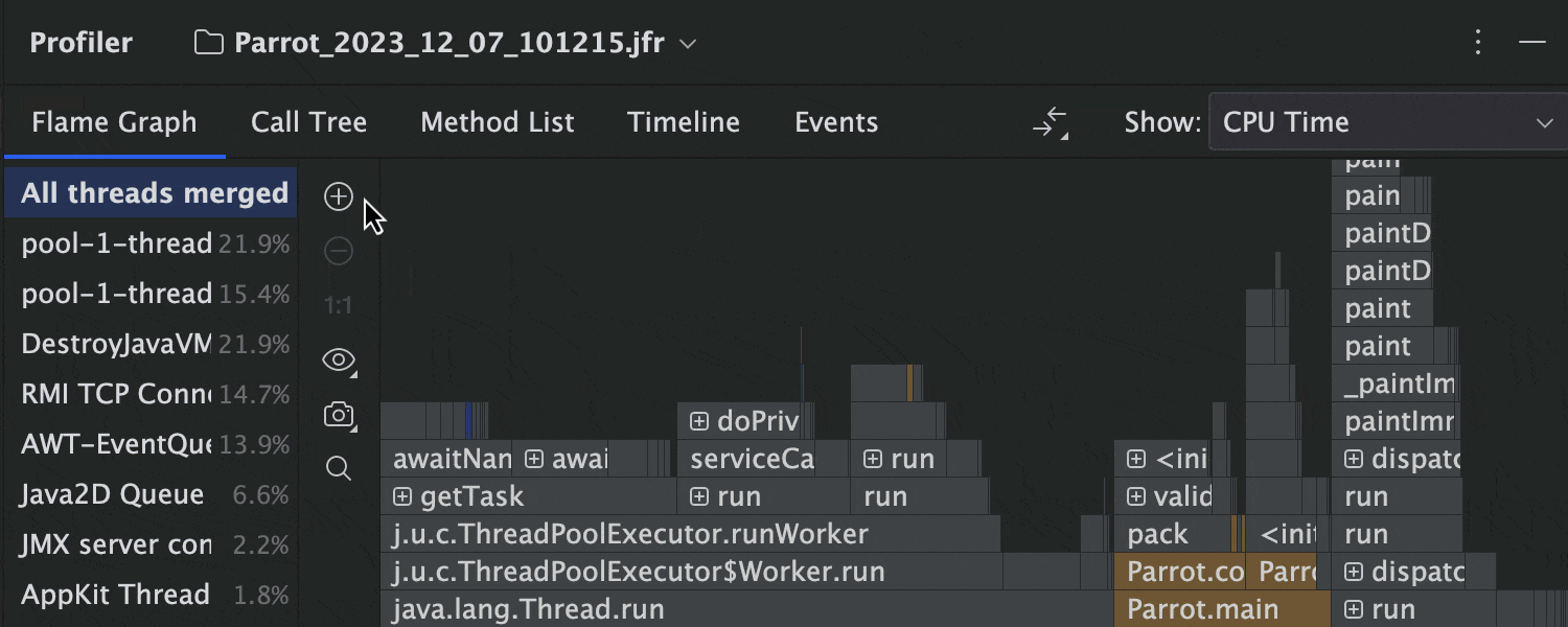 Profiler tool Flame graph view zoom