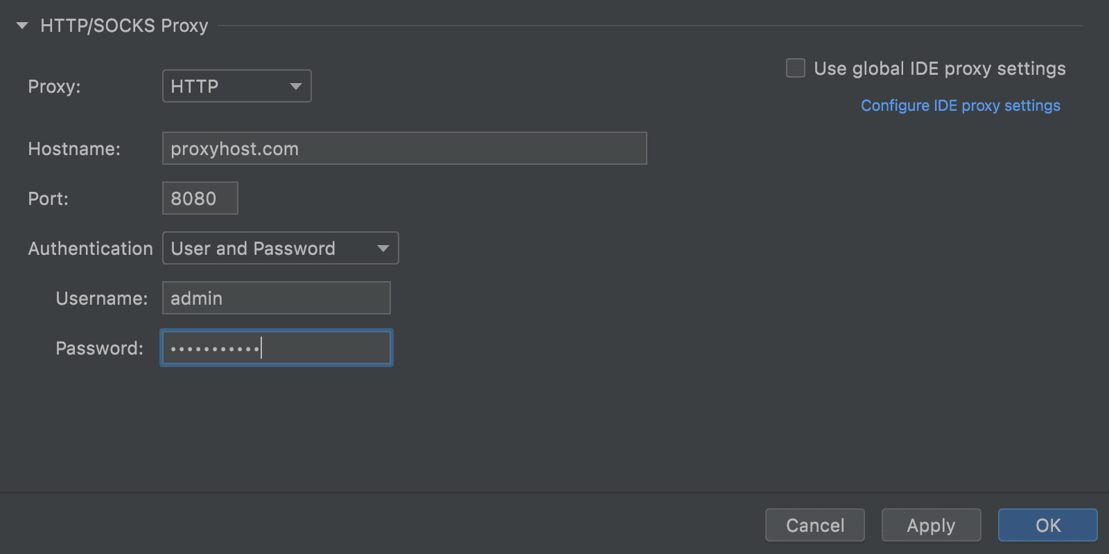 HTTP/SOCKS-Proxyeinstellungen in WebStorm