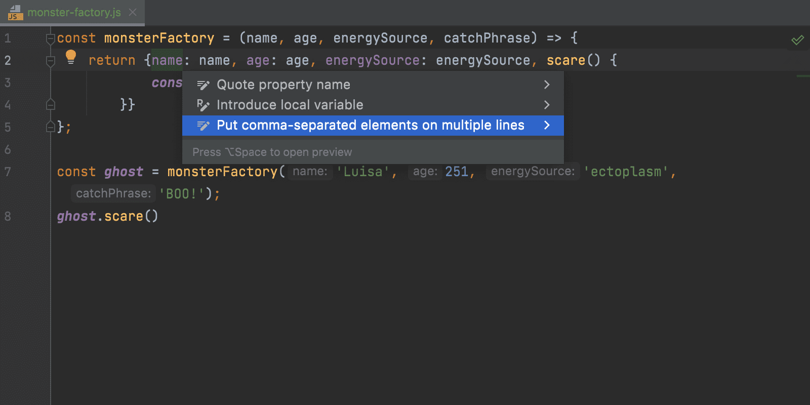 Intention zum Strukturieren von Elementen in einer oder mehreren Zeilen in WebStorm