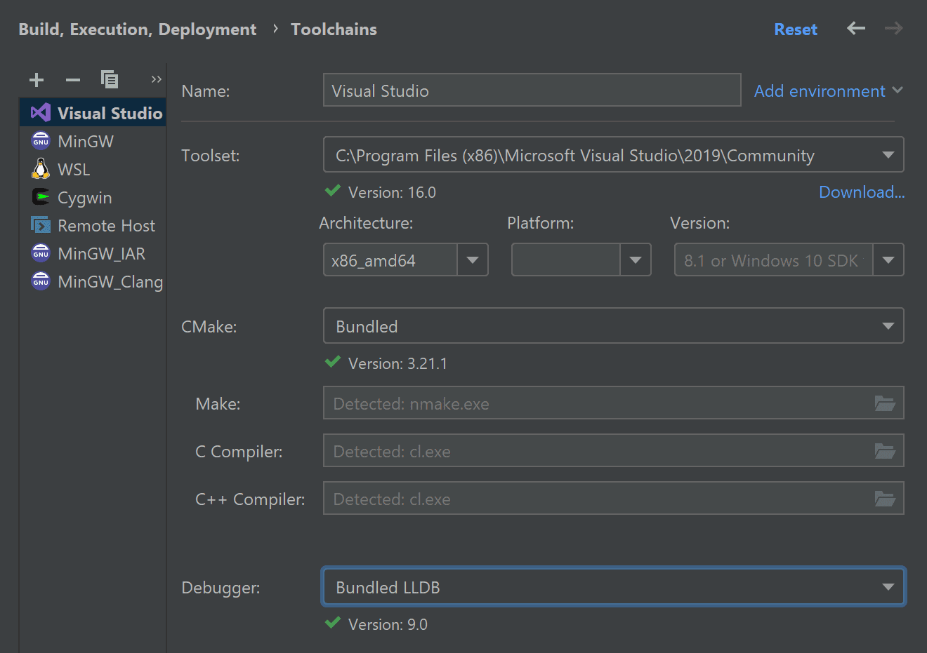 Visual Studio toolchain in CLion