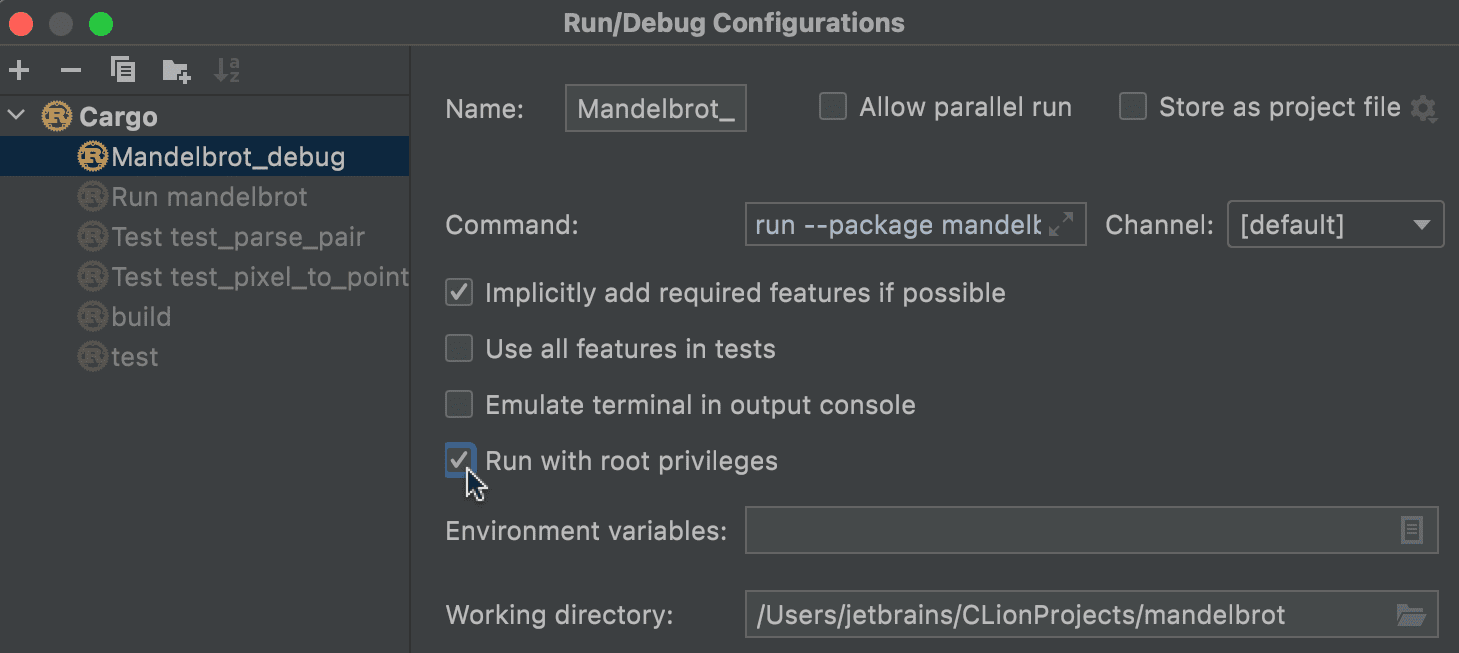 Run/debug as root