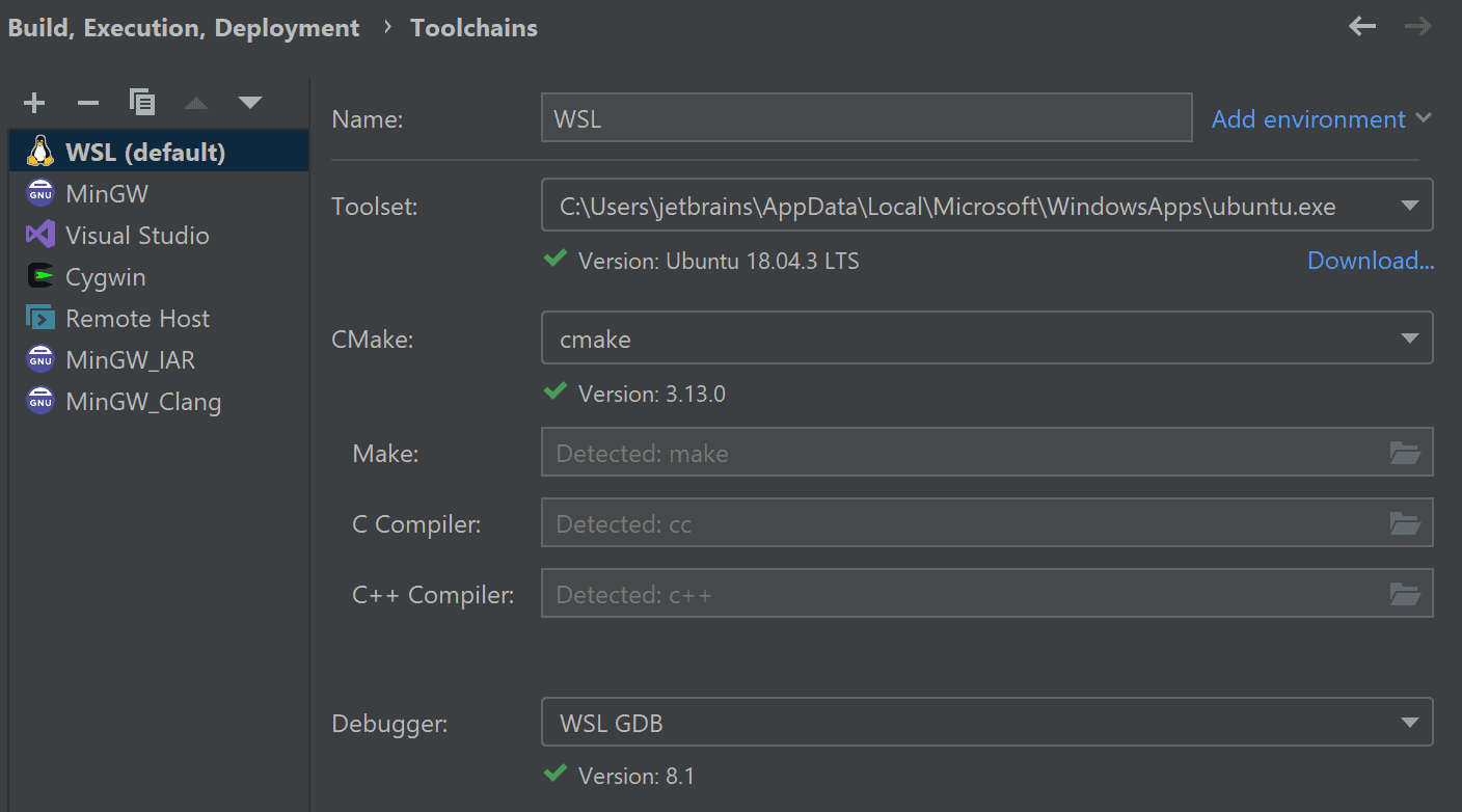 WSL toolchain in CLion