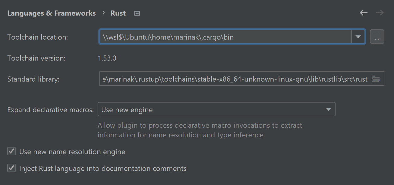 WSL toolchain in Rust settings