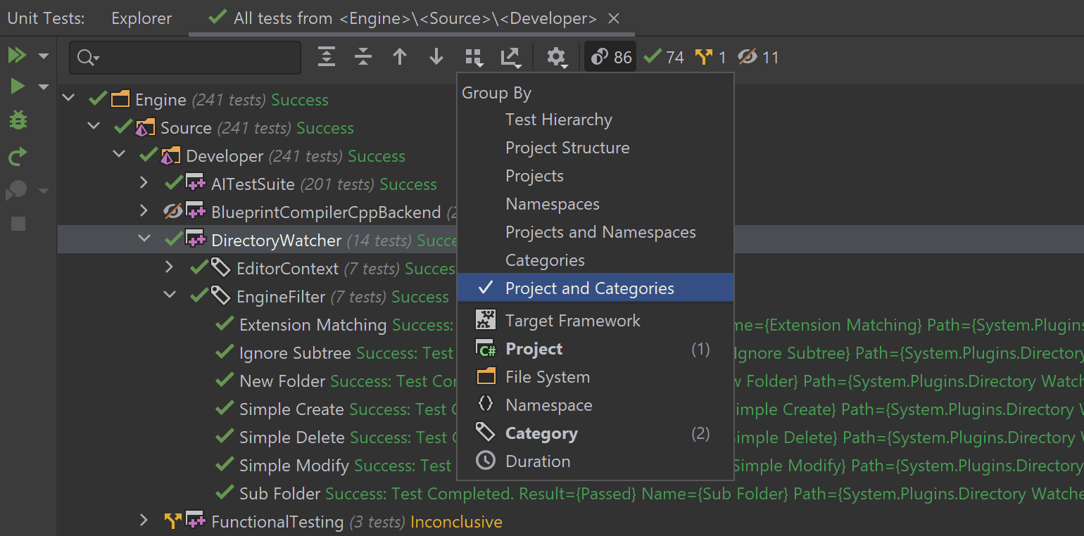 Unit tests results grouping