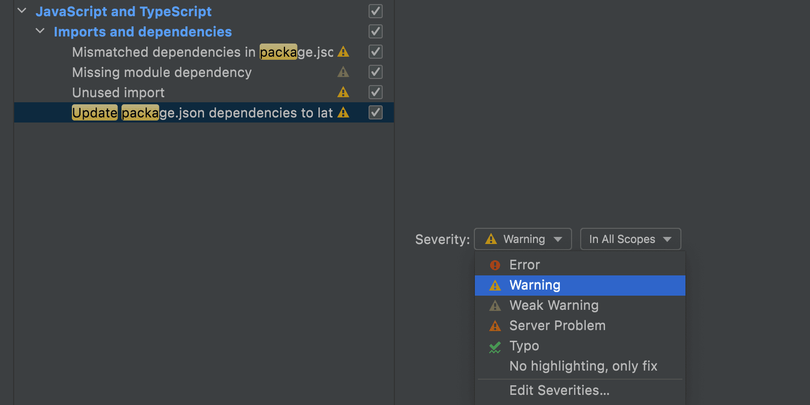 Ändern der Severity-Stufe der package.json-Inspektion