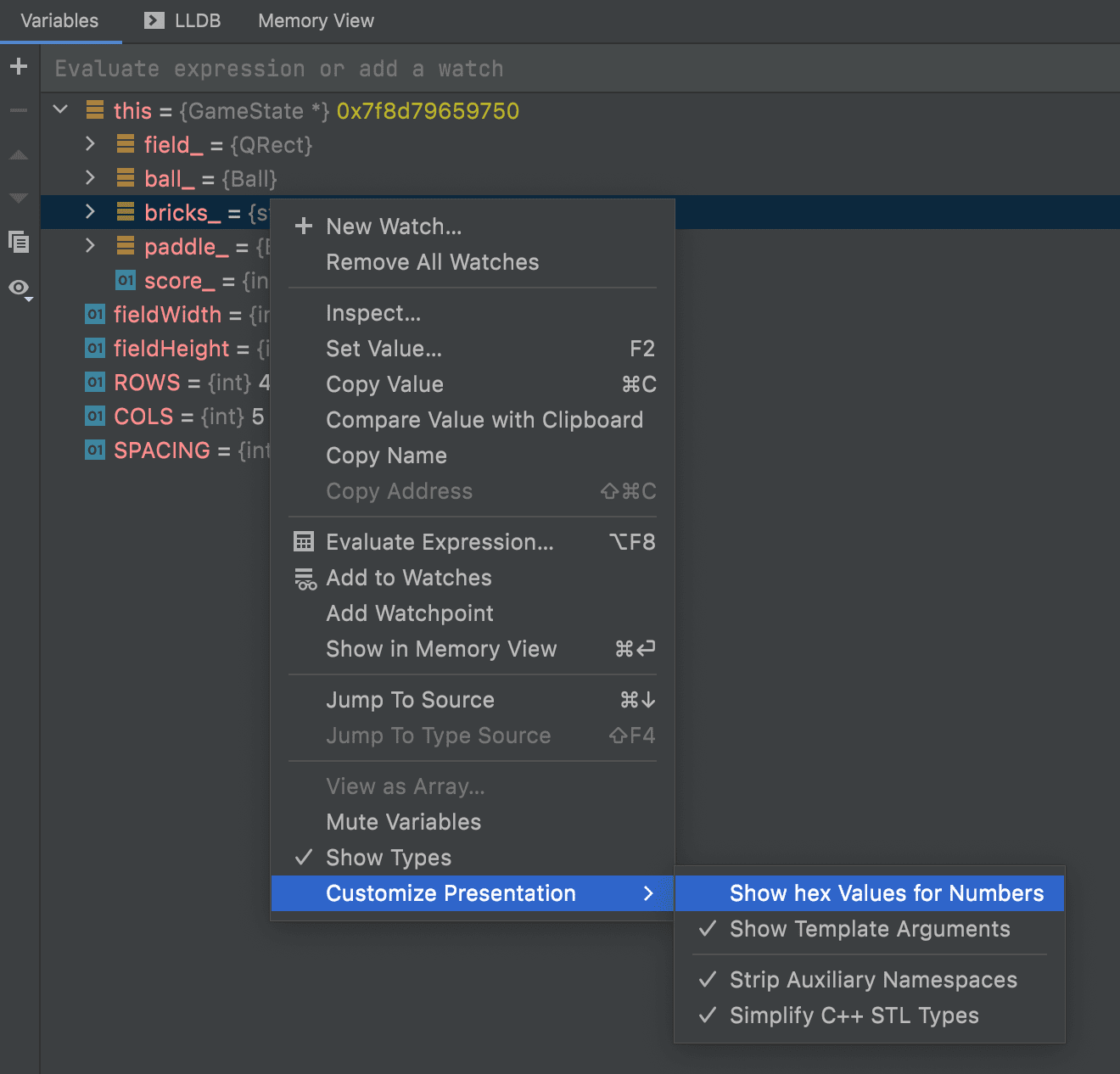 Variables View settings