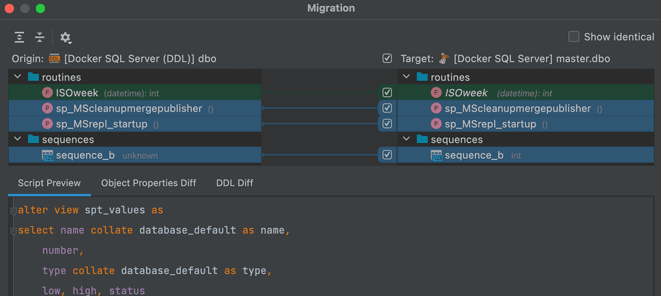 New database diff window