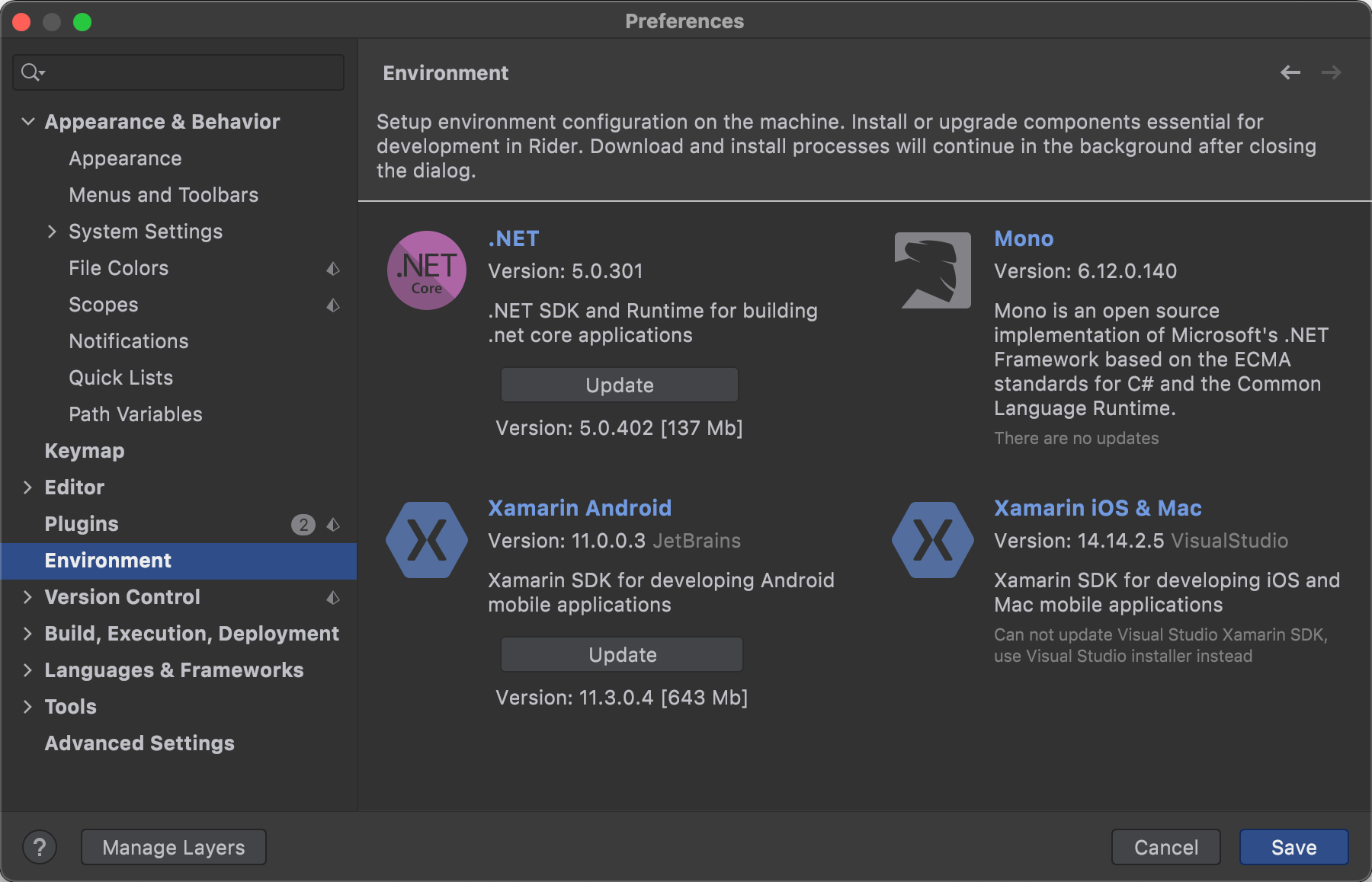 Environment page in settings and preferences