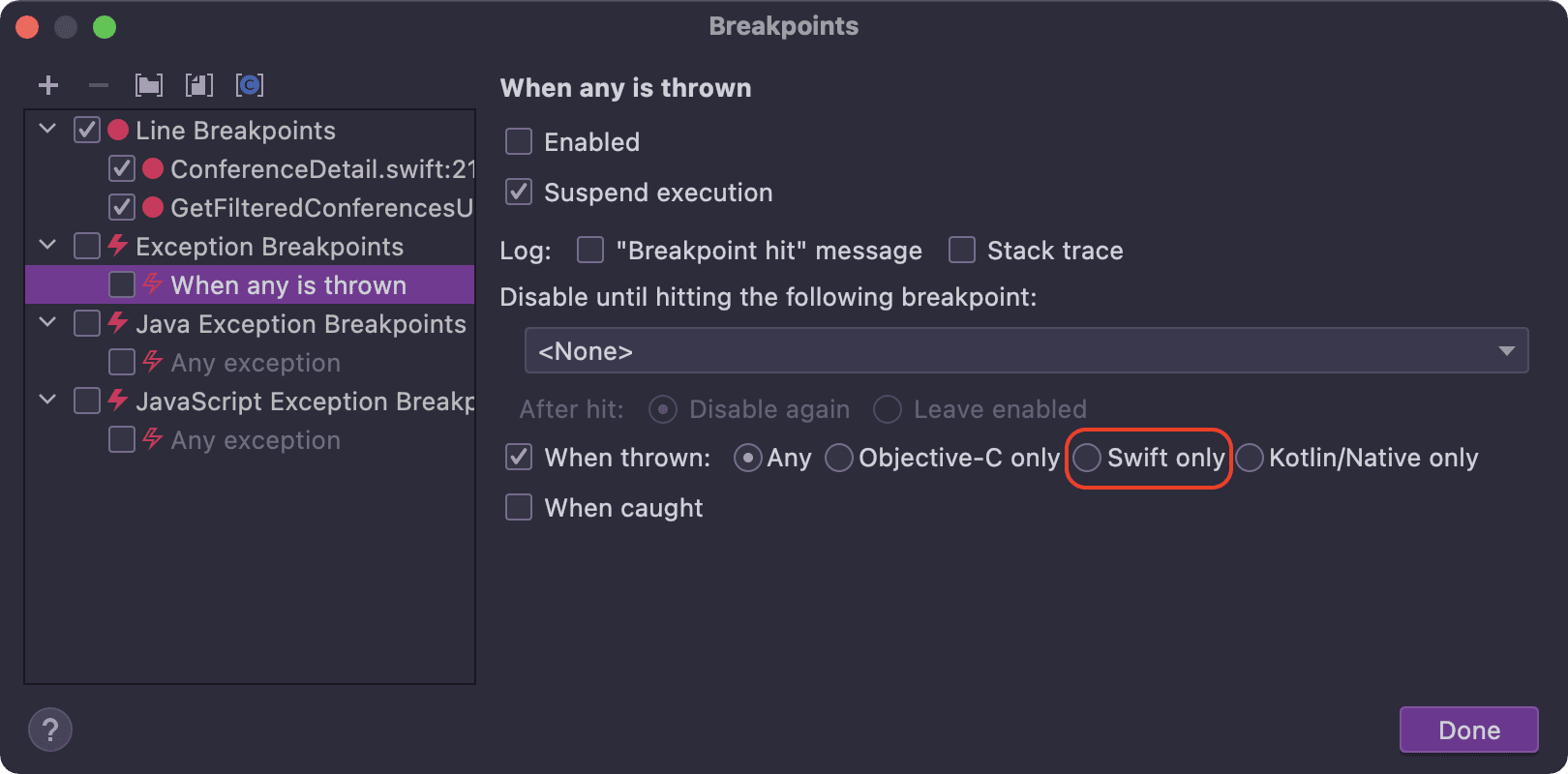 Error breakpoints