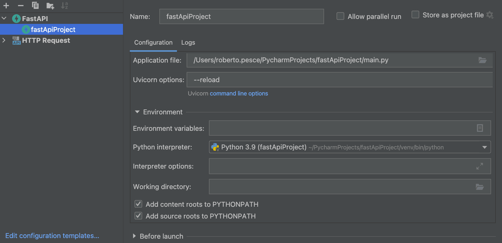 FastAPI run configuration type