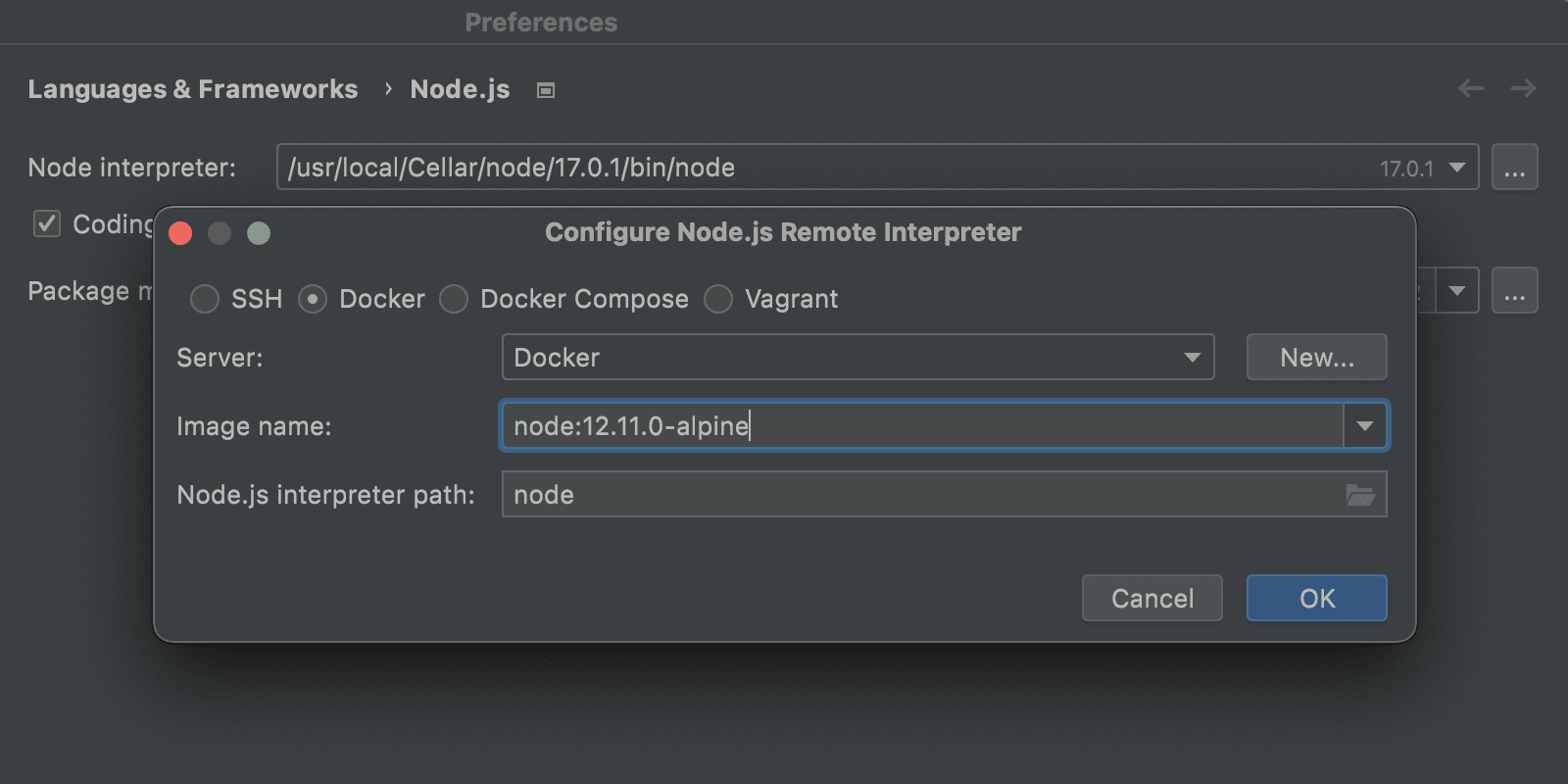 Einstellungen für Remote-Node.js-Interpreter