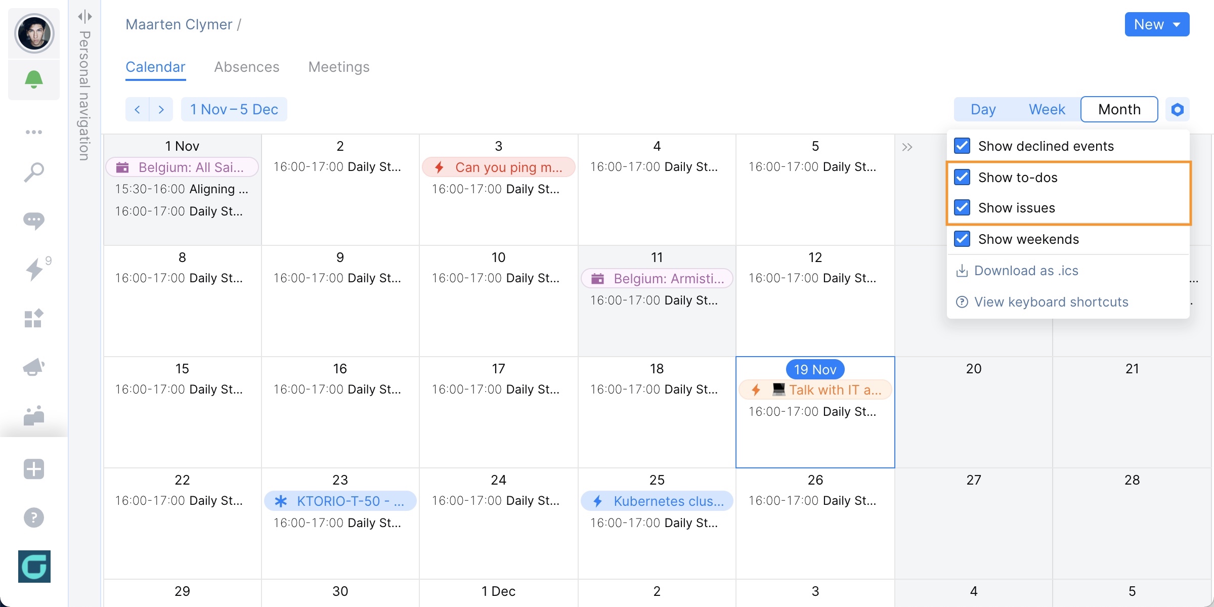 See the due dates of issues and to-dos on your calendar