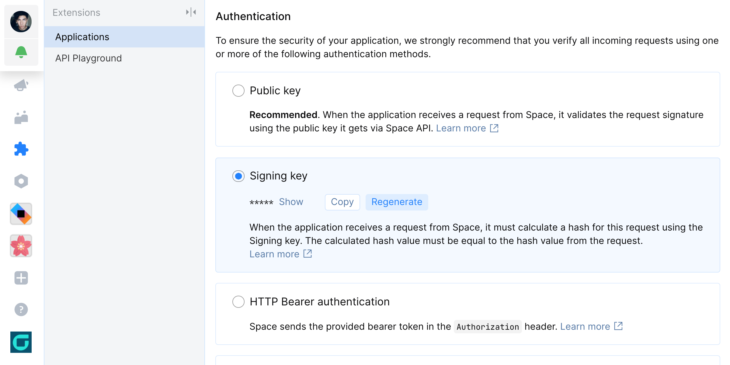 Select your application verification methods in Space