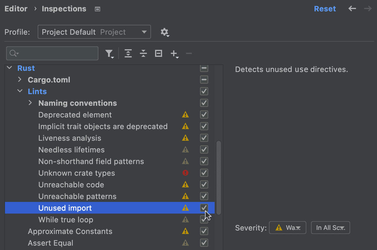 Unused import inspection settings