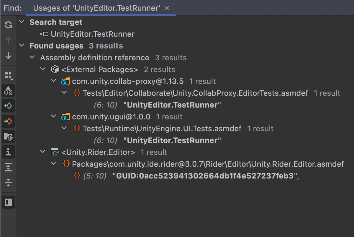 Find usages of assembly definitions across the whole project in Rider 2021.3