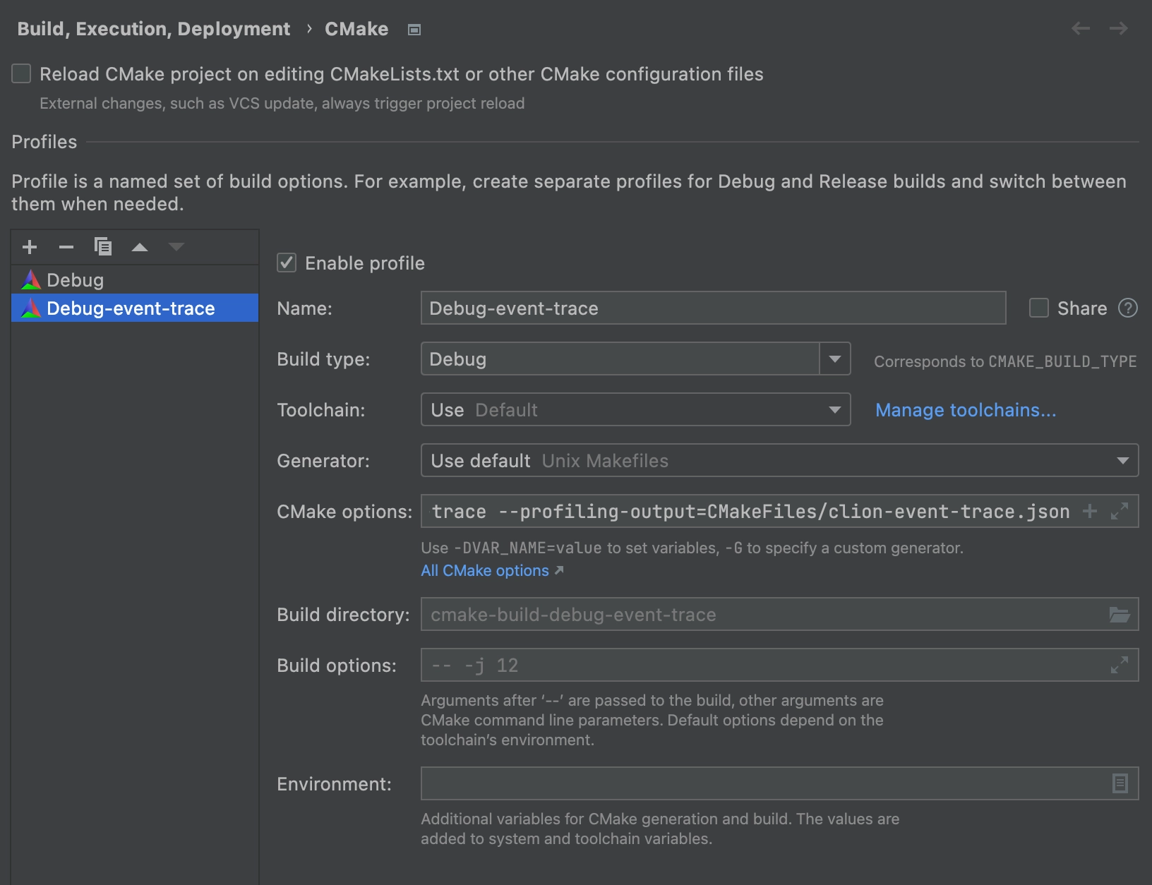 CMake tracing profile