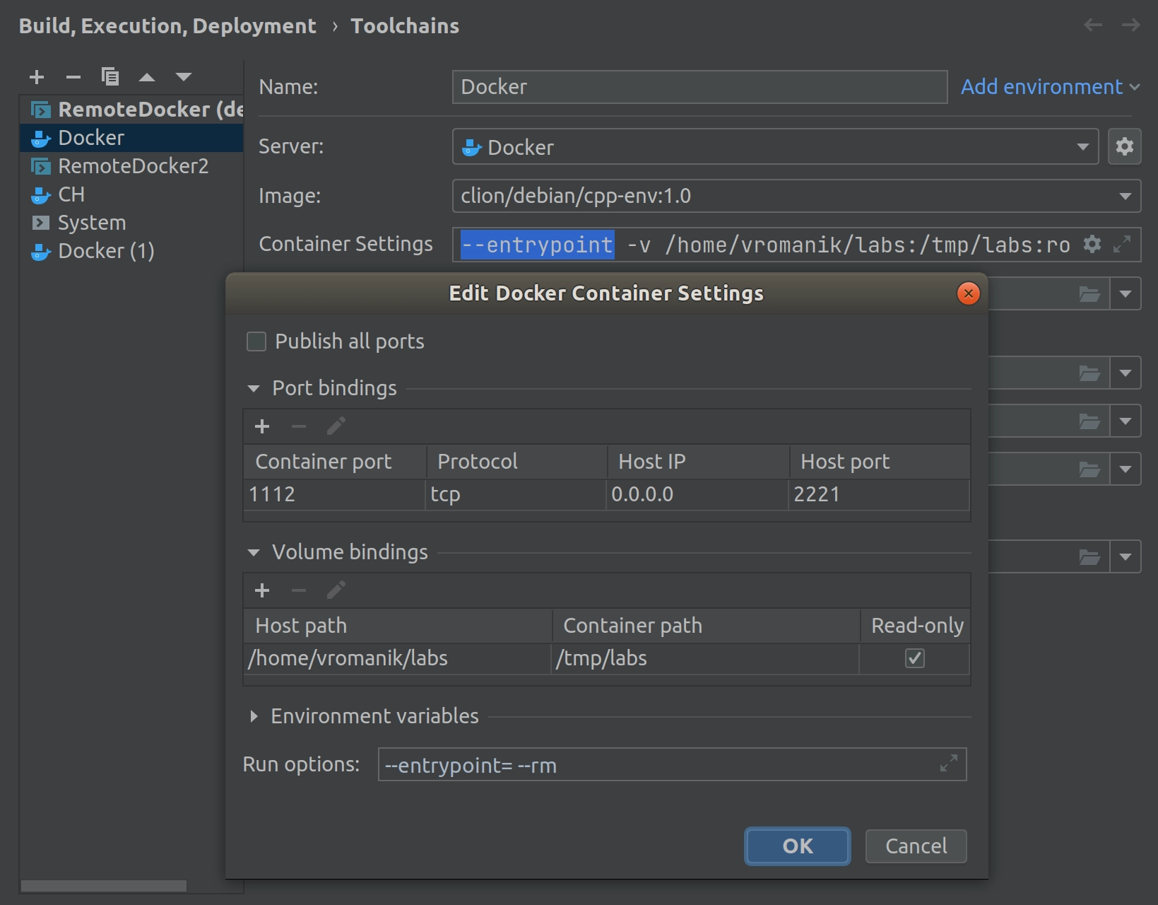 Docker toolchain settings