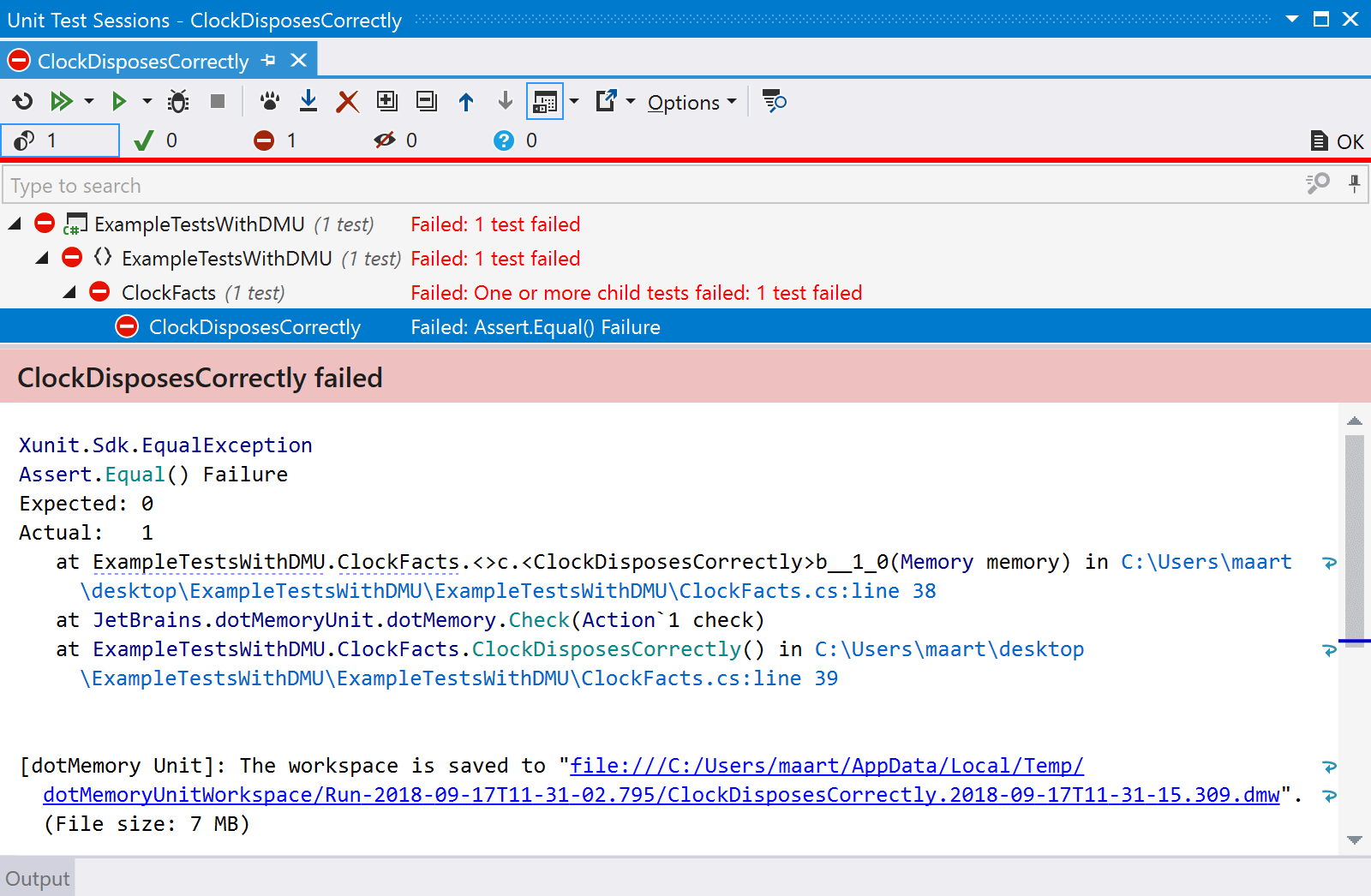 dotMemoryUnit running in a test