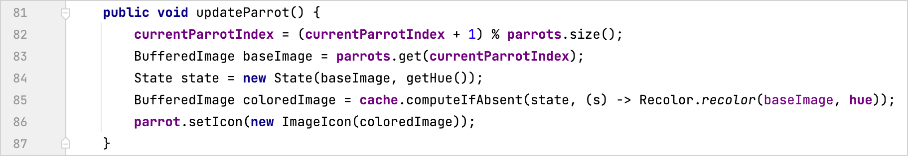 The implementation of the updateParrot() method