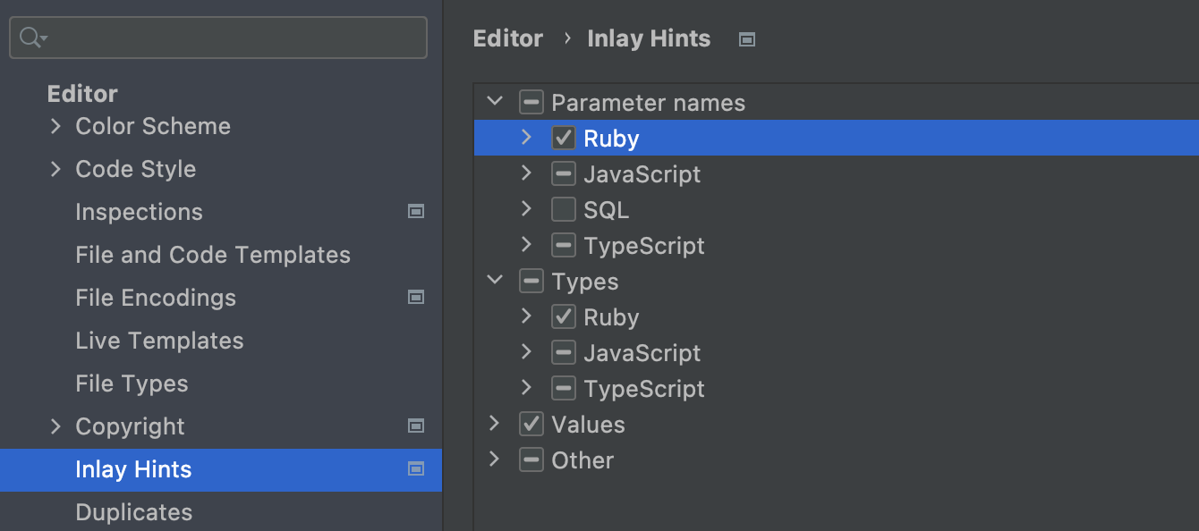 Inlay hints settings