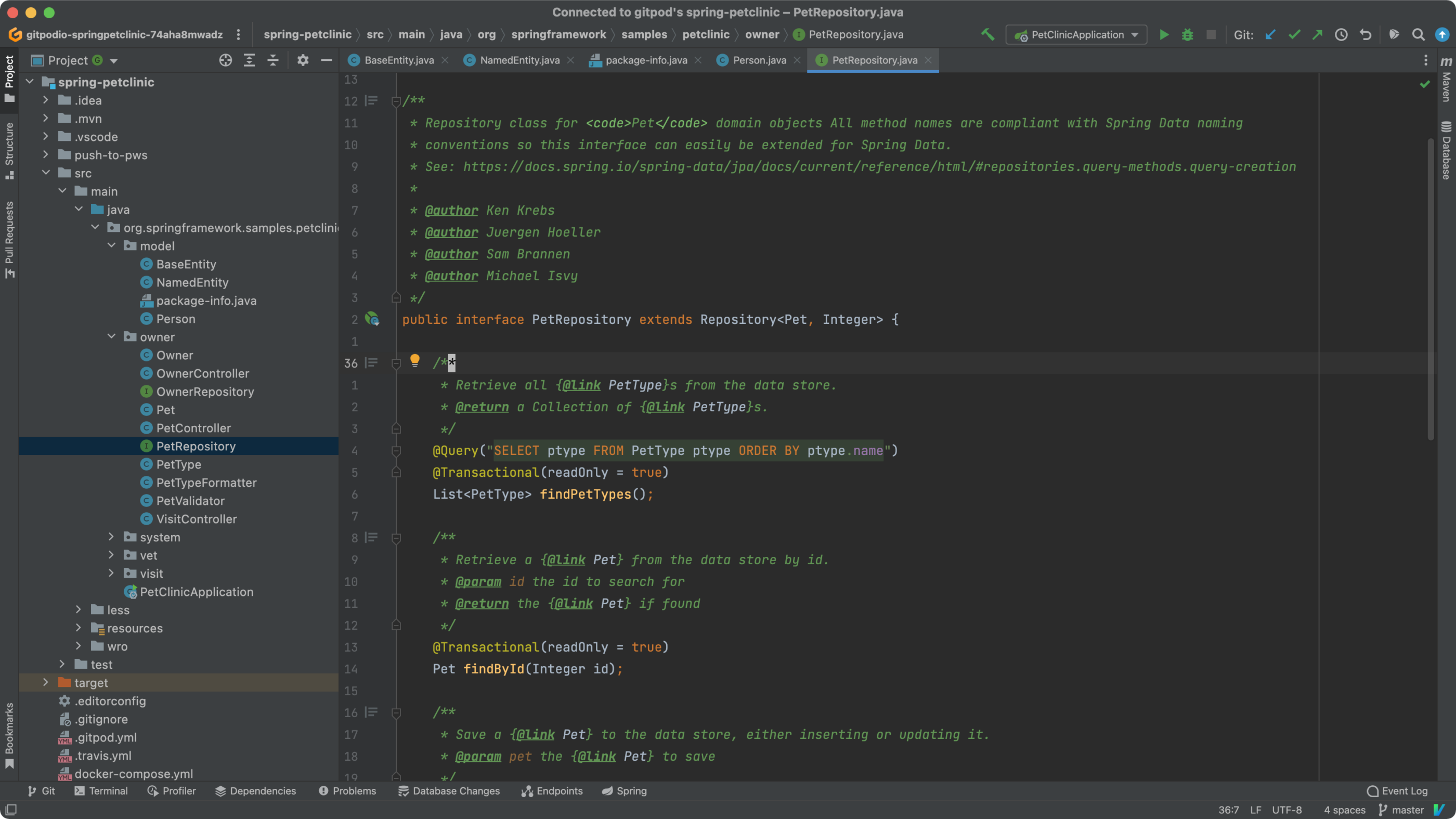 The JetBrains Client user interface, running like a local IDE, connected to a Gitpod environment, showing a project view and an open source file