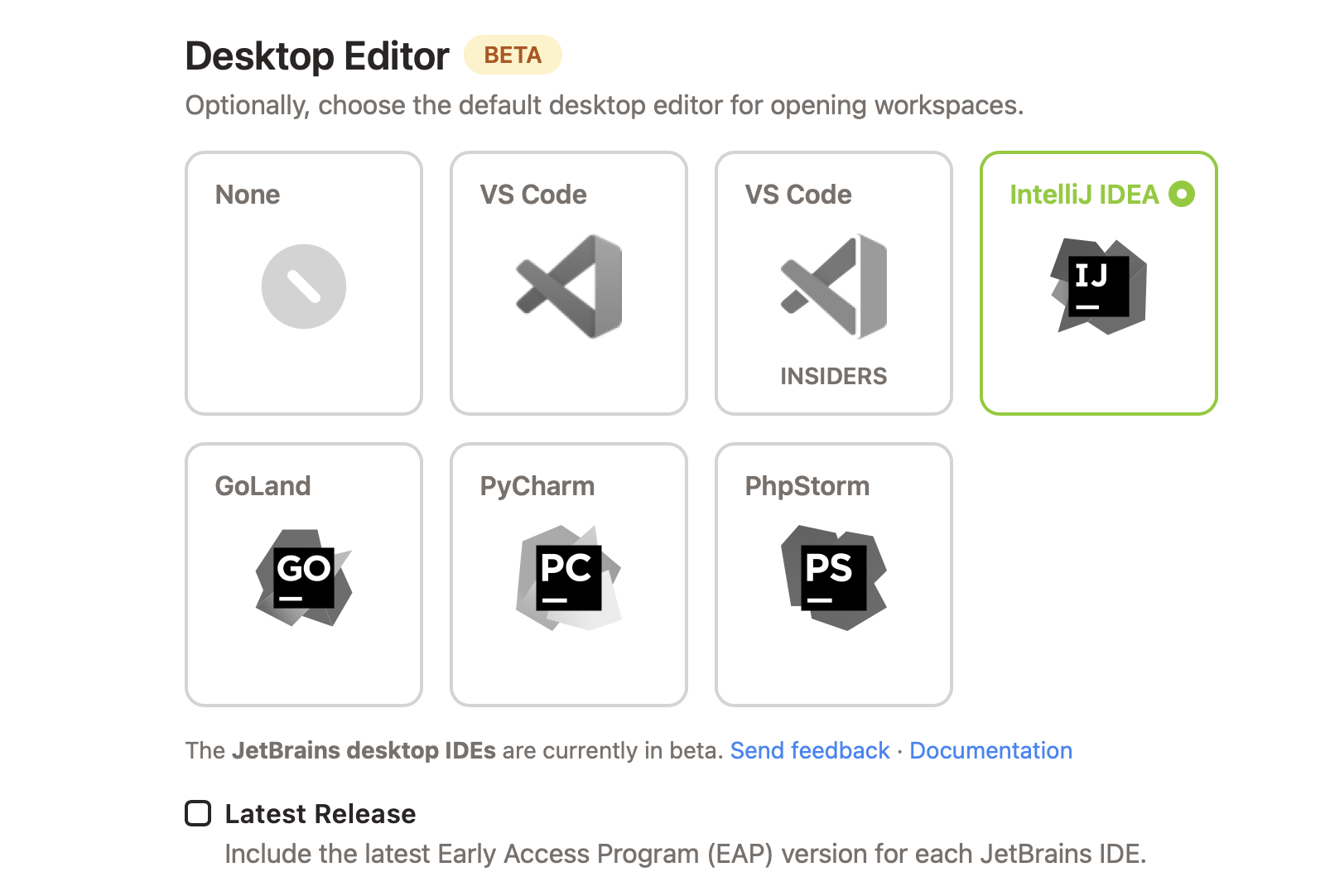 The Gitpod preferences page for desktop editor, with IntelliJ IDEA selected as the default editor