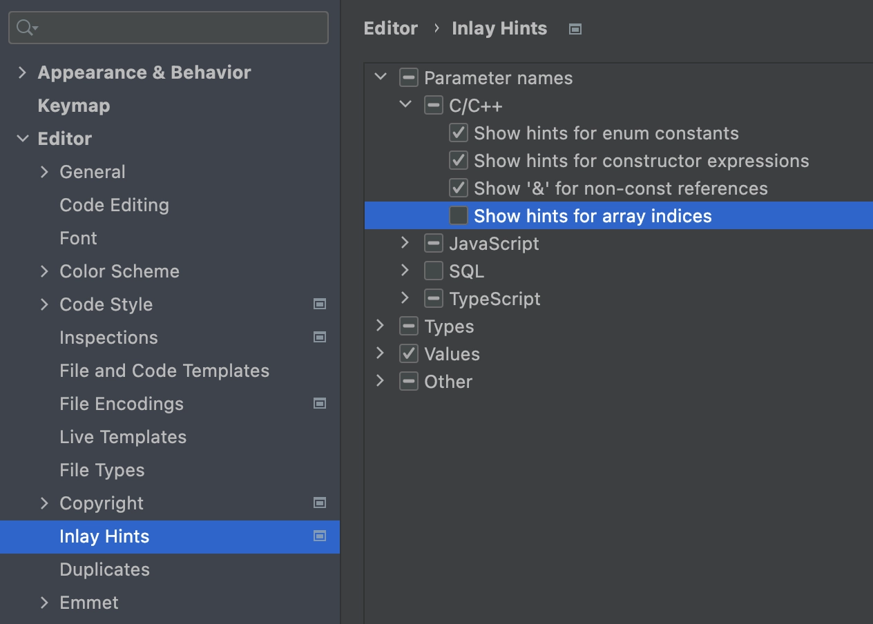 Array Hints setting