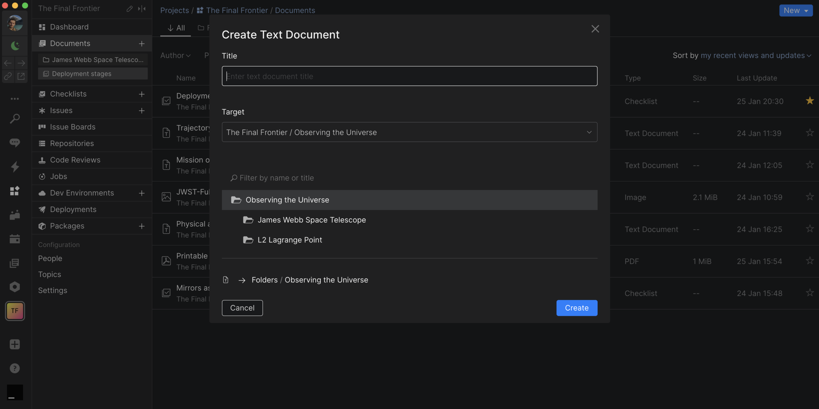 Creating new entities from within the project keeps them in its Documents by default.